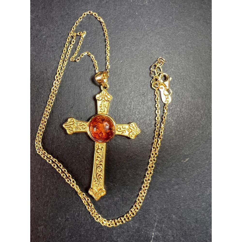 NEW Baltic Amber cross pendant in gold over sterling silver